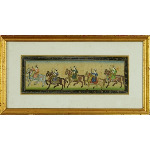 312 - A pair of Indian watercolours on silk, 20th century, each depicting a procession of soldiers on hors... 