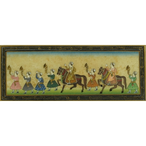 312 - A pair of Indian watercolours on silk, 20th century, each depicting a procession of soldiers on hors... 