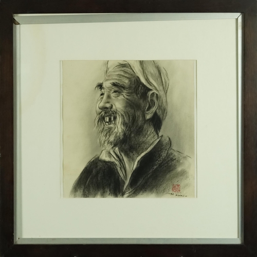 254 - A head and shoulders portrait of an elder, late 20th century Chinese school charcoal on paper, indis... 