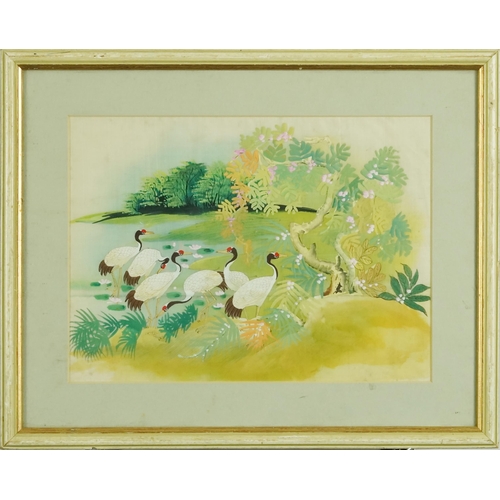 255 - A Chinese watercolour on silk, 20th century, cranes beside a lake, framed, 19cm x 26cm.