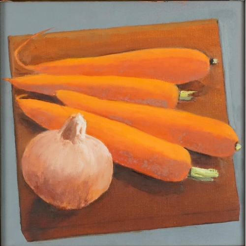 1528 - Still life with carrots and an onion, 20th century oil on canvas, framed, 31cm x 31cm.