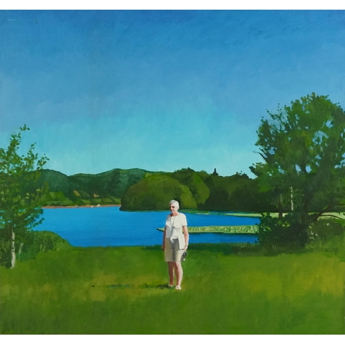 1448 - Lady beside a lake, 20th century oil on board, framed, 58cm x 61cm.