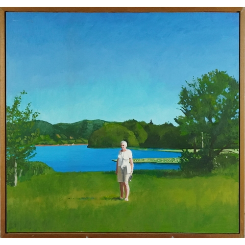 1448 - Lady beside a lake, 20th century oil on board, framed, 58cm x 61cm.