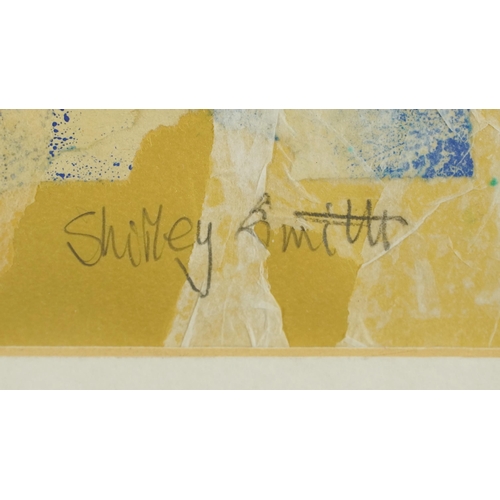 1532 - Shirley Smith - Abstract composition, late 20th century mixed media on paper, framed, 25cm x 35cm.