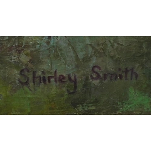 1447 - Shirley Smith - Garden of the Tea Master, late 20th century contemporary British school oil on board... 