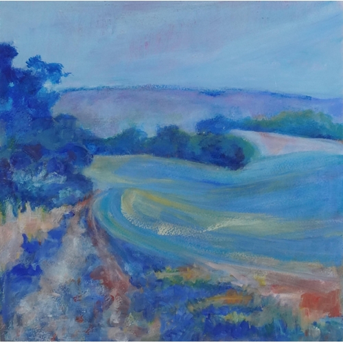 1524 - Shirley Smith - Blue Field, contemporary acrylic on paper, framed, 37cm x 35cm.