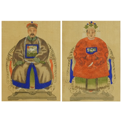 314 - A pair of Chinese watercolours on fabric, 20th century, depicting elderly lady and gentleman, framed... 