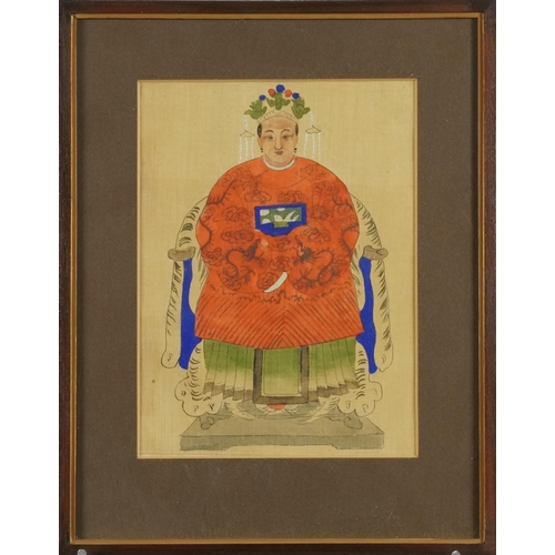 314 - A pair of Chinese watercolours on fabric, 20th century, depicting elderly lady and gentleman, framed... 