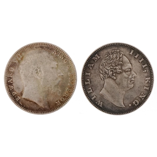 2194 - An William IV 1835 East India Company silver one rupee and an Edward VII 1904 silver one rupee.