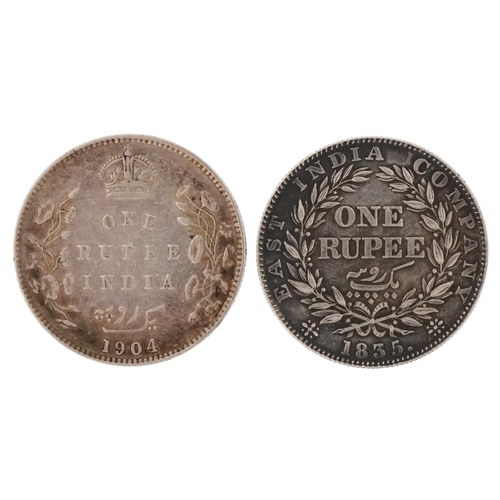 2194 - An William IV 1835 East India Company silver one rupee and an Edward VII 1904 silver one rupee.