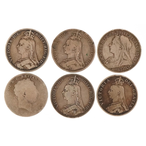 2174 - Five British silver crowns and a double florin, the crown dates to include 1887, 1889, 1890, 1896, t... 