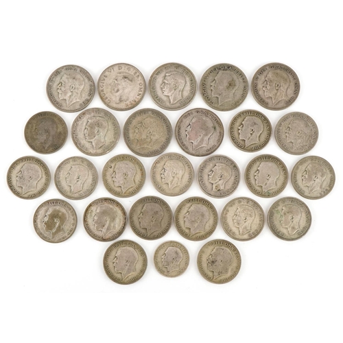 2179 - British pre 1947 silver coinage to include eight half crowns, eighteen florins and a shilling, total... 