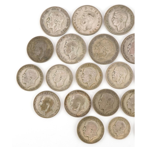 2179 - British pre 1947 silver coinage to include eight half crowns, eighteen florins and a shilling, total... 