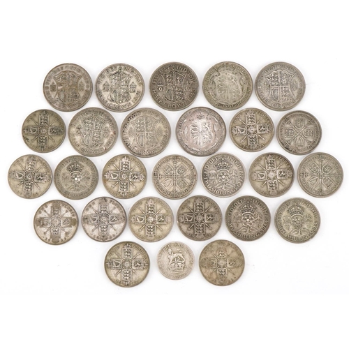 2179 - British pre 1947 silver coinage to include eight half crowns, eighteen florins and a shilling, total... 