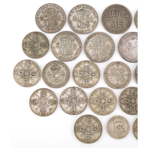 2179 - British pre 1947 silver coinage to include eight half crowns, eighteen florins and a shilling, total... 