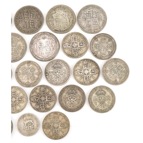 2179 - British pre 1947 silver coinage to include eight half crowns, eighteen florins and a shilling, total... 