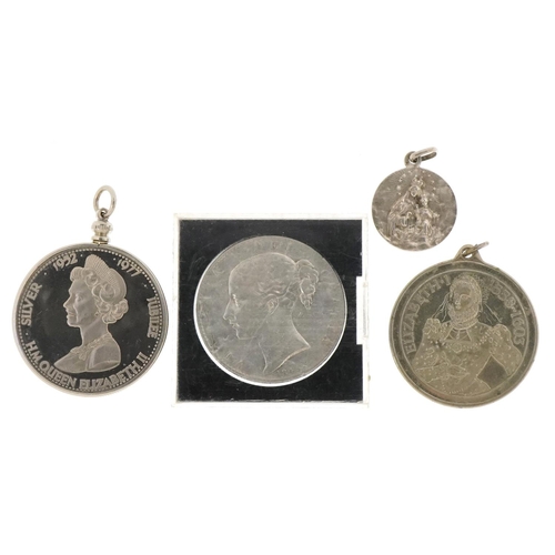 2187 - Silver and white metal coins and medallions to include an Victorian 1845 crown.