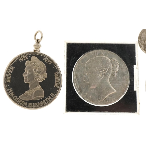 2187 - Silver and white metal coins and medallions to include an Victorian 1845 crown.