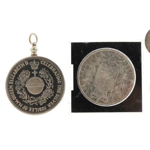 2187 - Silver and white metal coins and medallions to include an Victorian 1845 crown.