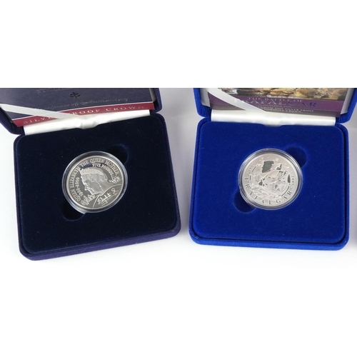 2209 - Four commemorative silver proof crowns to include Queen Mother, Horatio Nelson and The Battle of Tra... 