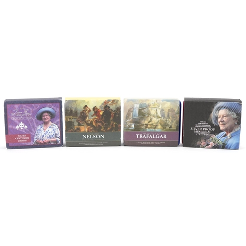 2209 - Four commemorative silver proof crowns to include Queen Mother, Horatio Nelson and The Battle of Tra... 