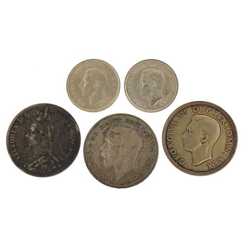 2199 - Three silver crowns dates 1889, 1935 and 1937 and two George VI two shillings dates 1943 and 1946.