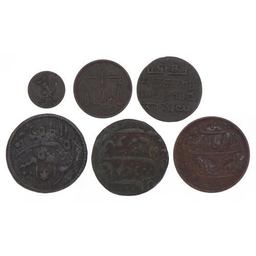 2203 - Six early 19th century India Bengal Presidency copper coins, the largest 25mm in diameter.