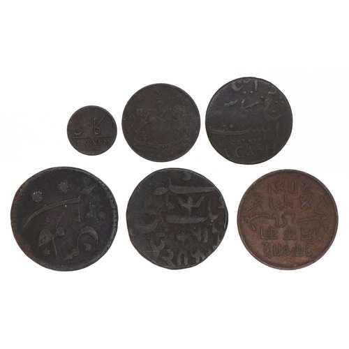 2203 - Six early 19th century India Bengal Presidency copper coins, the largest 25mm in diameter.