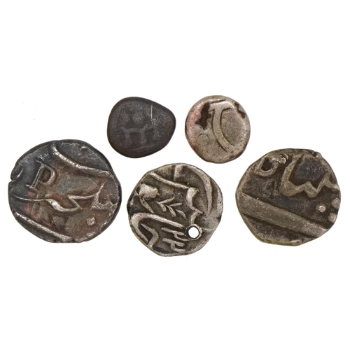 2200 - Four antique silver coins and one bronze coin, probably from the Indian states, to include a French ... 