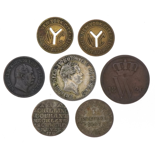 2205 - Five 18th century and later Austrian/Prussian coins to include an 1842 two and a half silver silberg... 