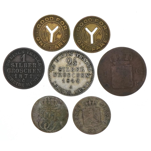 2205 - Five 18th century and later Austrian/Prussian coins to include an 1842 two and a half silver silberg... 