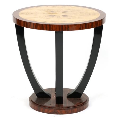 2024 - A late 20th century Art Deco style circular lamp table with maple inlaid top, 65cm high x 59cm in di... 