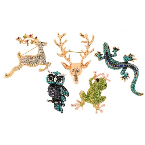 3150A - Five jewelled brooches in the form of animals including, stag, owl and frog, the largest 6.5cm in le... 