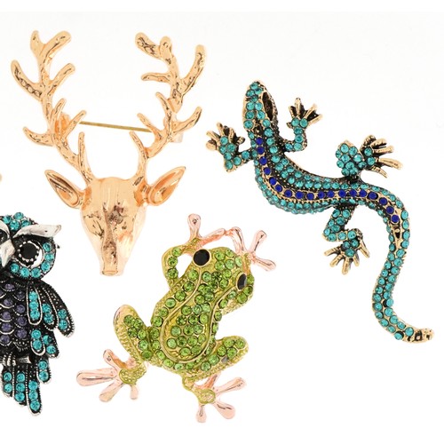 3150A - Five jewelled brooches in the form of animals including, stag, owl and frog, the largest 6.5cm in le... 