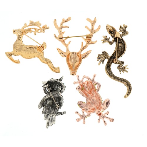 3150A - Five jewelled brooches in the form of animals including, stag, owl and frog, the largest 6.5cm in le... 