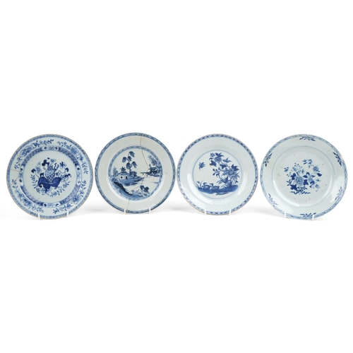 435 - A group of four Chinese blue and white porcelain plates, 18th century, with hand painted decoration,... 