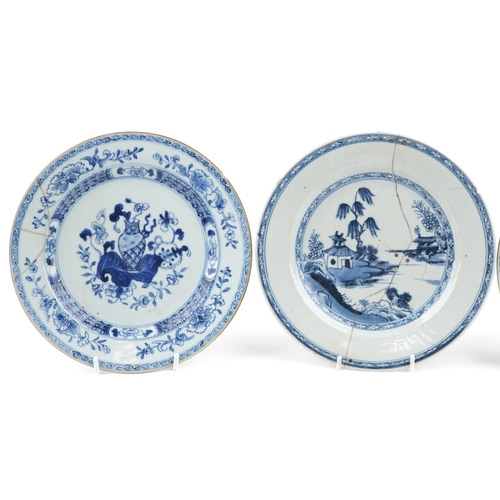 435 - A group of four Chinese blue and white porcelain plates, 18th century, with hand painted decoration,... 