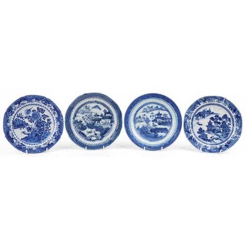 151 - A group of four Chinese blue and white porcelain circular plates, 19th century, with hand painted de... 