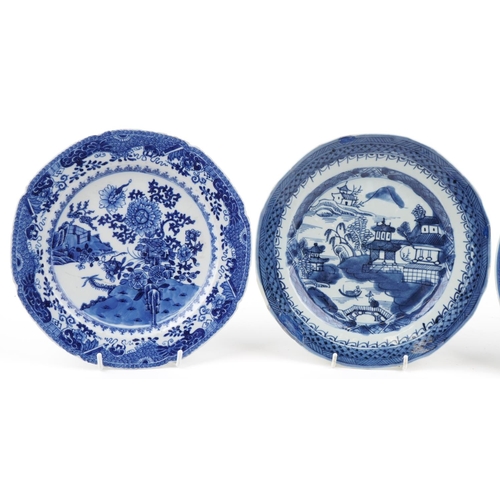 151 - A group of four Chinese blue and white porcelain circular plates, 19th century, with hand painted de... 