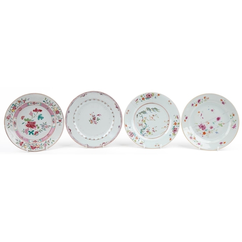 221 - A group of four Chinese famille rose porcelain circular plates, 18th century, with hand painted deco... 