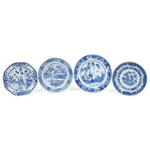 250 - A group of four Chinese blue and white porcelain circular plates, 18th century, with hand painted de... 