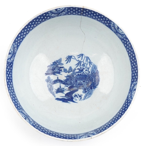 117 - A 19th century English porcelain blue and white transfer printed Willow pattern bowl, 24cm in diamet... 