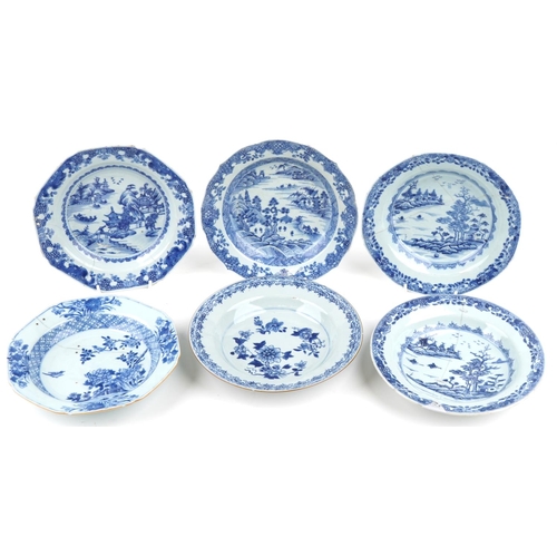 455 - A group of six Chinese blue and white porcelain shallow bowls, 18th century, each with hand painted ... 