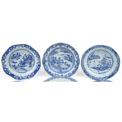 455 - A group of six Chinese blue and white porcelain shallow bowls, 18th century, each with hand painted ... 