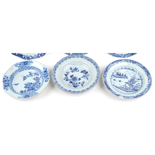 455 - A group of six Chinese blue and white porcelain shallow bowls, 18th century, each with hand painted ... 