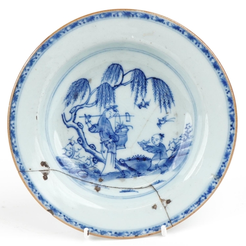 538 - A small Chinese blue and white porcelain shallow dish, 18th century, with hand painted decoration an... 