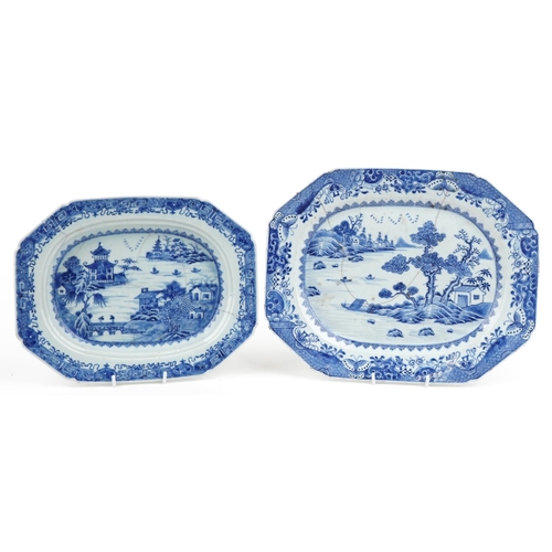 453 - Two similar Chinese blue and white porcelain rectangular platters, late 18th century, each with hand... 