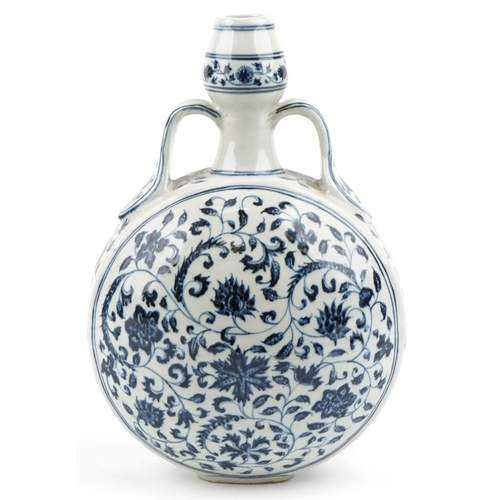 150 - A Chinese porcelain blue and white twin handled moon flask hand painted with foliage and vines, 32cm... 