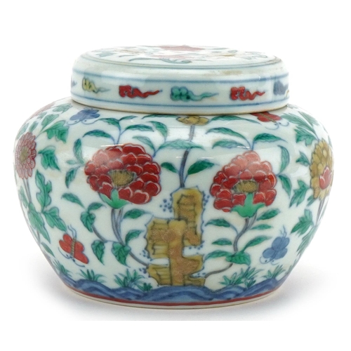 317 - A Chinese porcelain jar and cover hand painted with butterflies amongst flowers, six figure characte... 