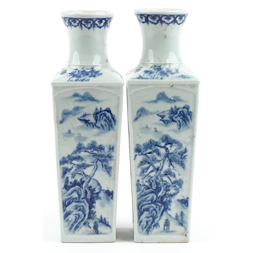 34 - A pair of Chinese porcelain blue and white flat sided vases hand painted with figures amongst mounta... 